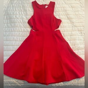 Red sleeveless dress with gold zipper and two cutouts near rib section, size 8